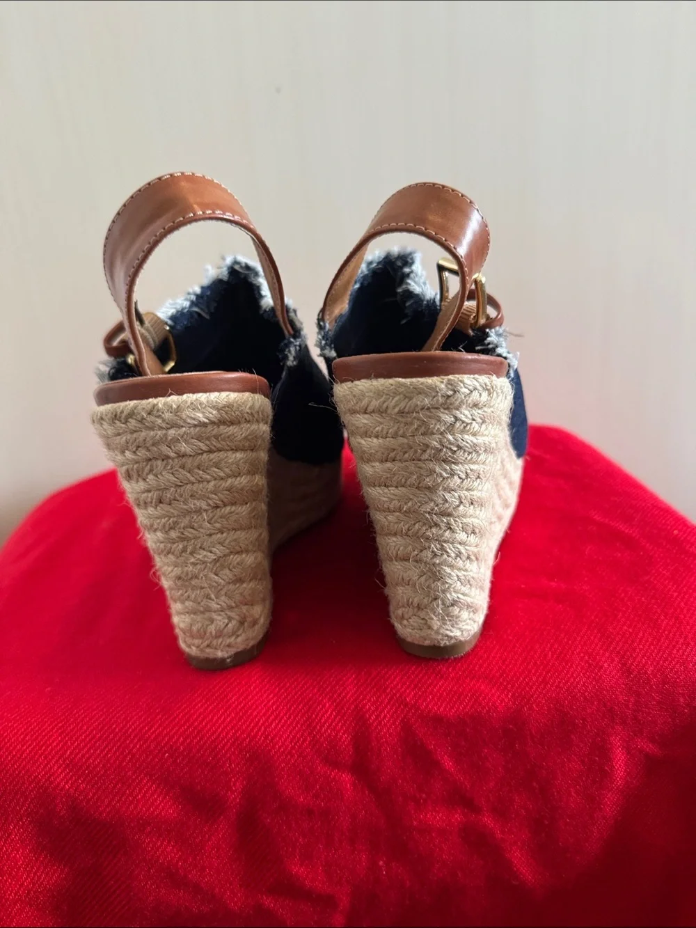Indigo Denim Frayed Peep-Toe Platform Wedge Sandals - Blue